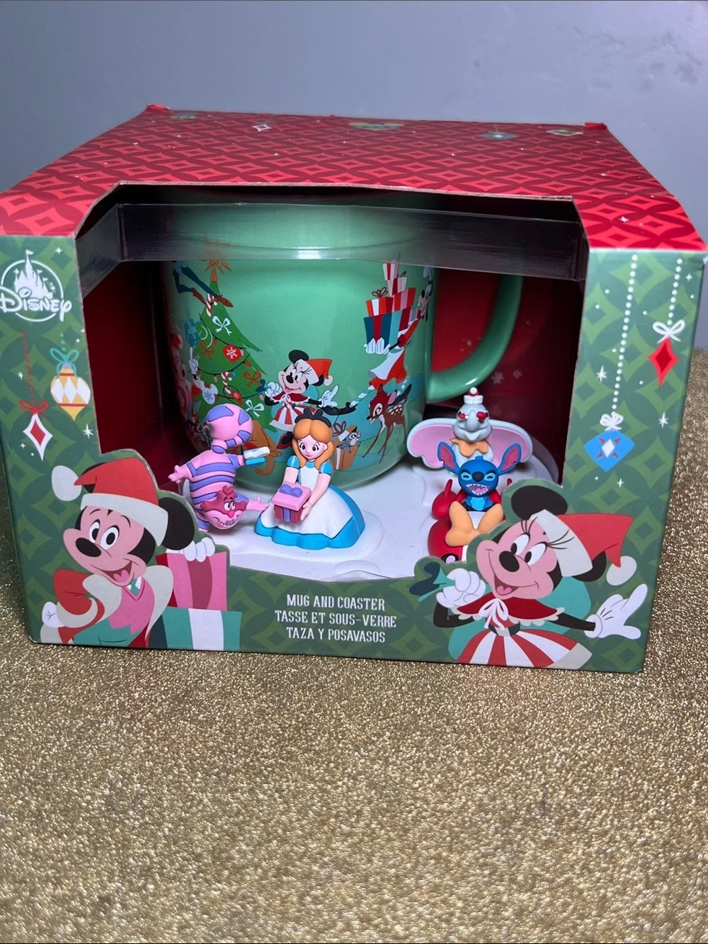 NIB Disney Christmas Holiday Green Mug with Festive Character Coaster